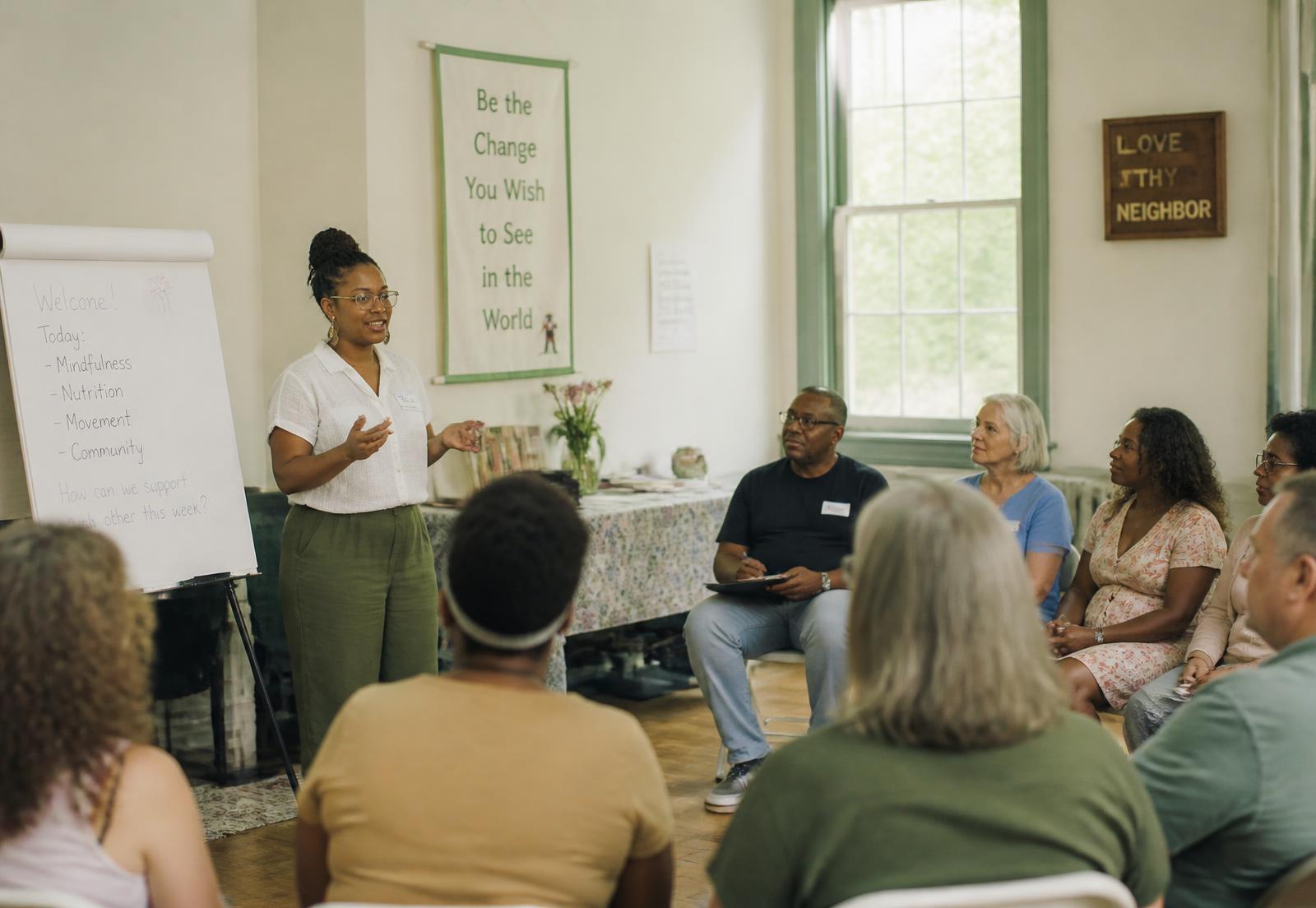 Community wellness workshop facilitated in a bright meeting hall in eastern North Carolina