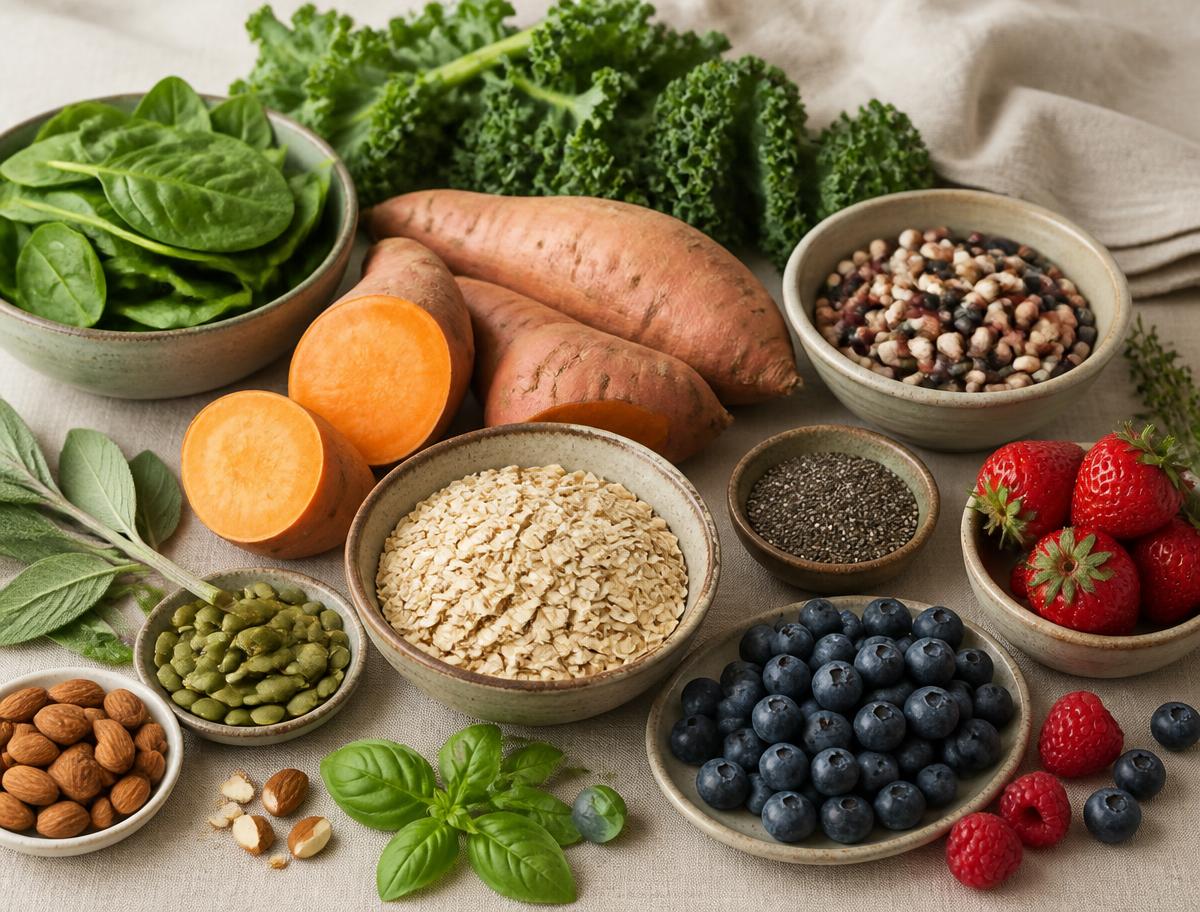 Fresh whole foods including greens, sweet potatoes, oats and berries arranged for a nutrition education session