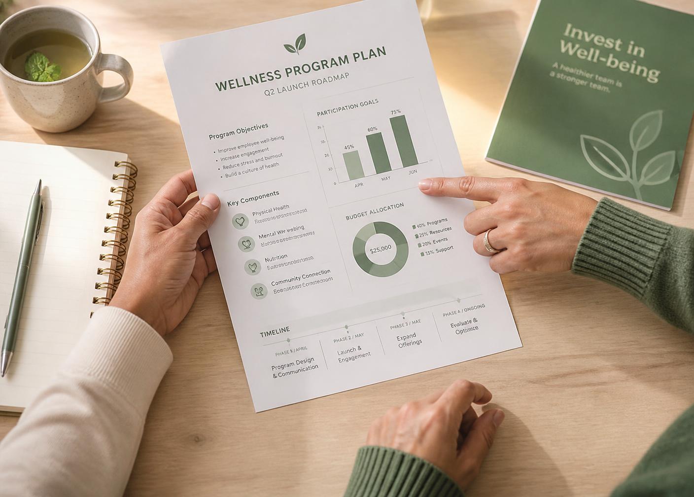 Consultant and client reviewing a printed wellness program plan with participation charts