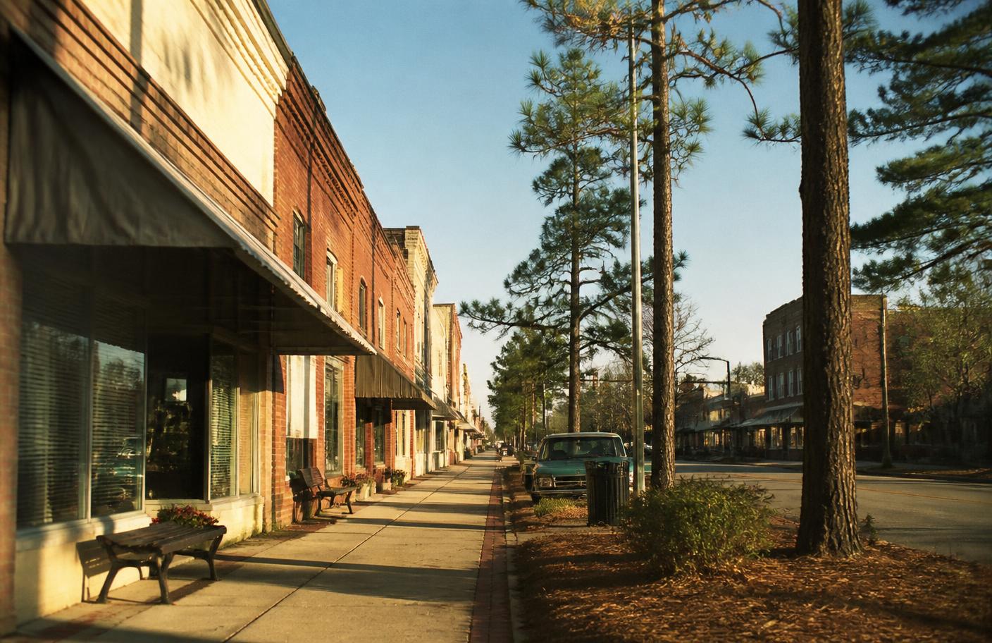 Main street in a small eastern North Carolina town on a clear afternoon
