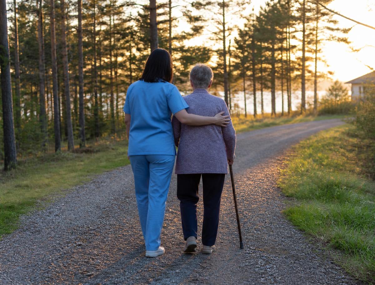 Caregiver walking with an older adult on a quiet path at sunset