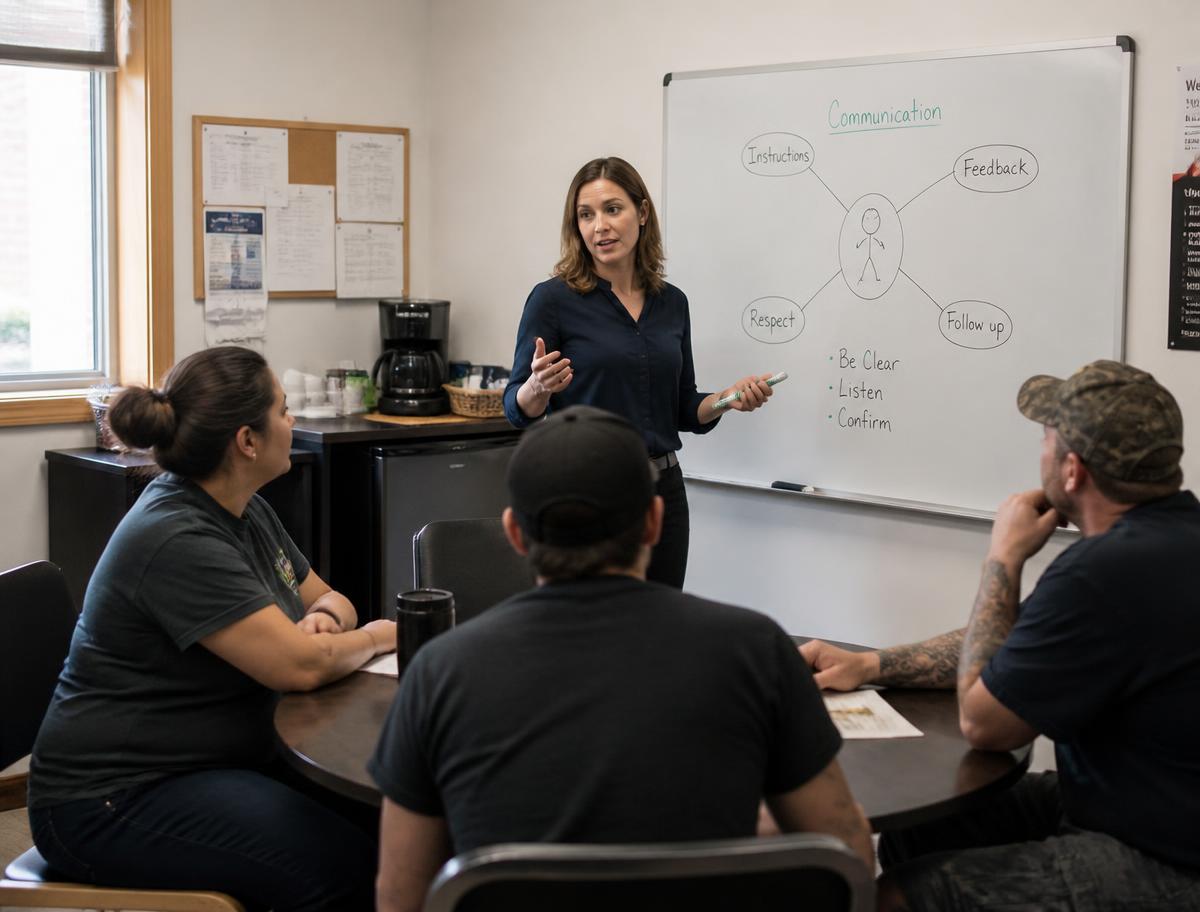 Facilitator leading a short wellness training session with employees in a workplace break room